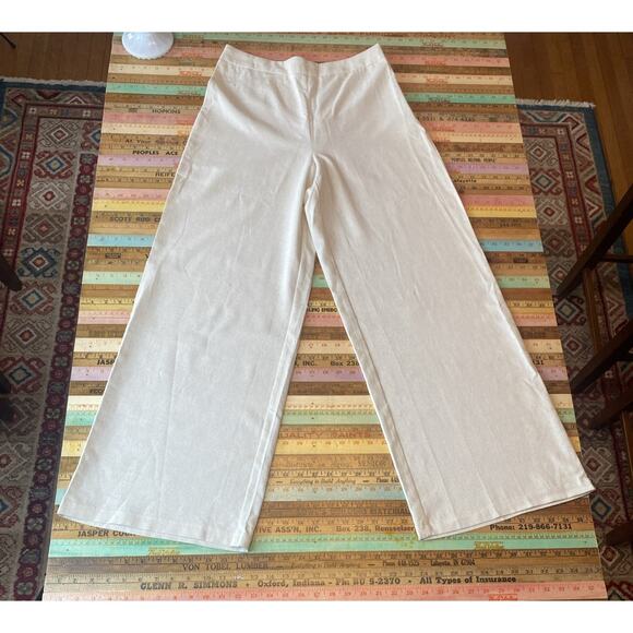 Faeriesty L LINEN Blend Wide Leg Pants Natural Vacation Lagenlook Boho - Picture 6 of 13